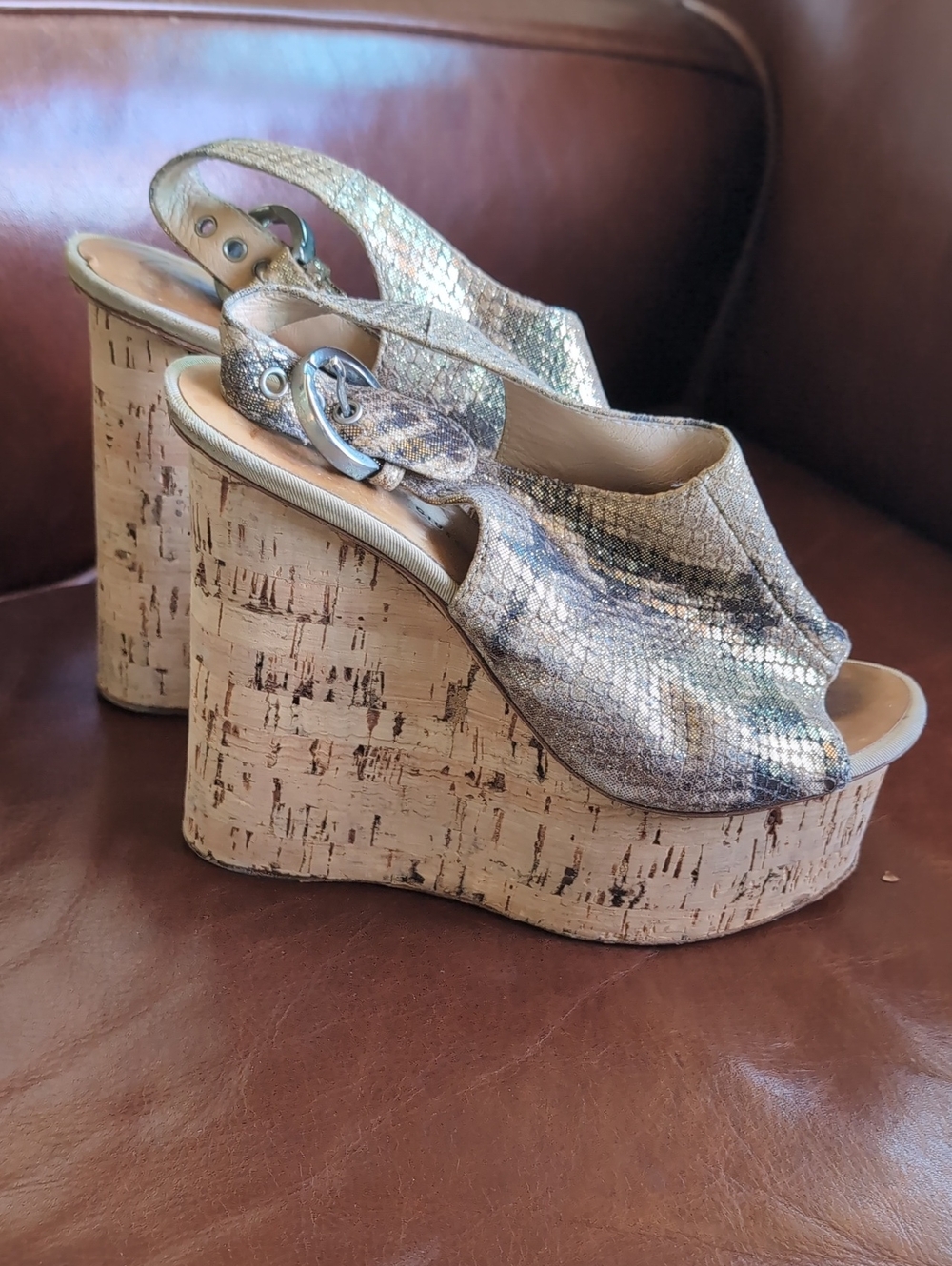 Giuseppe's Z A N O T T I Metallic Snake-Print Cork Wedge Slingback Sandals